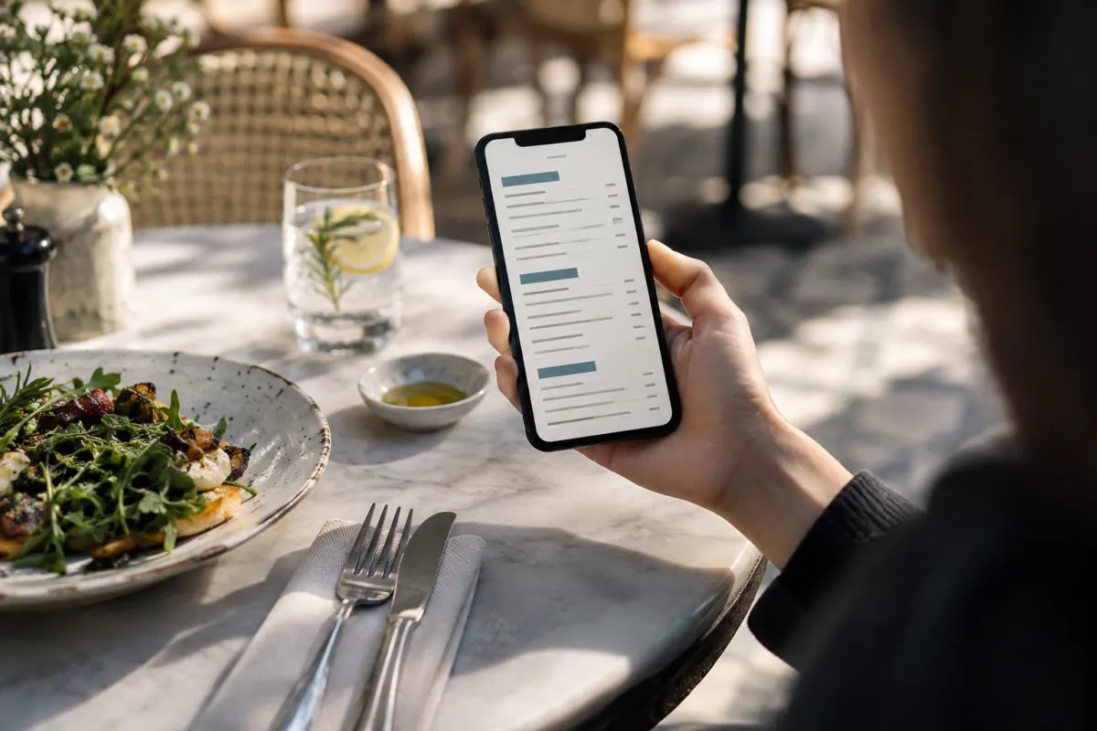 Comensal consulta una carta digital en su teléfono en la mesa.