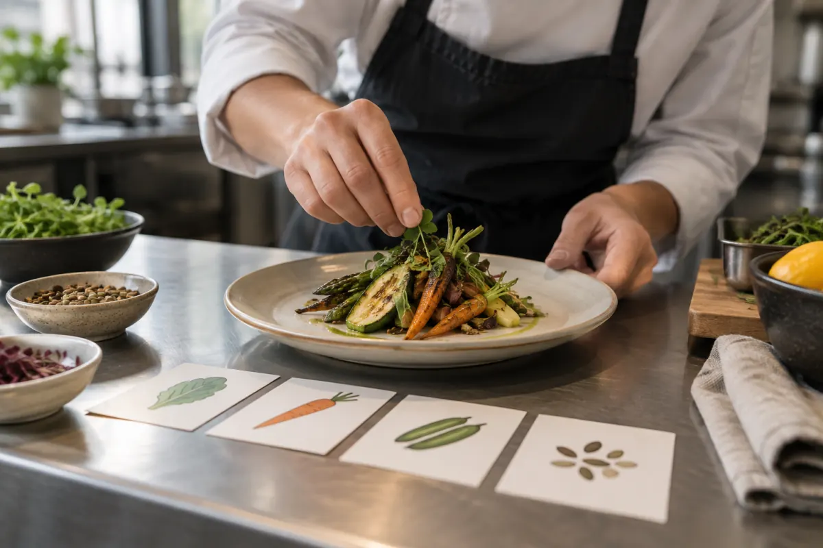 Chef prepara un plato de verduras junto a tarjetas que representan ingredientes.