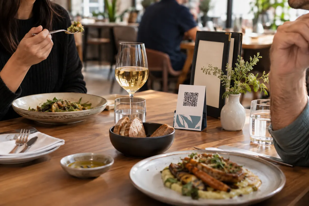 Código QR de una carta colocado a la vista en una mesa de restaurante.