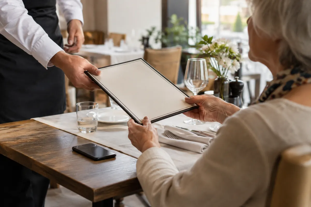 Mesero entrega una carta impresa a una comensal con un celular sobre la mesa.