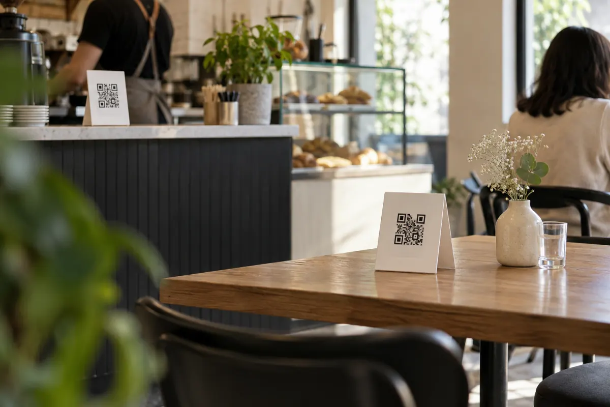 Dos códigos QR de menú, uno en el mostrador y otro en una mesa de cafetería.