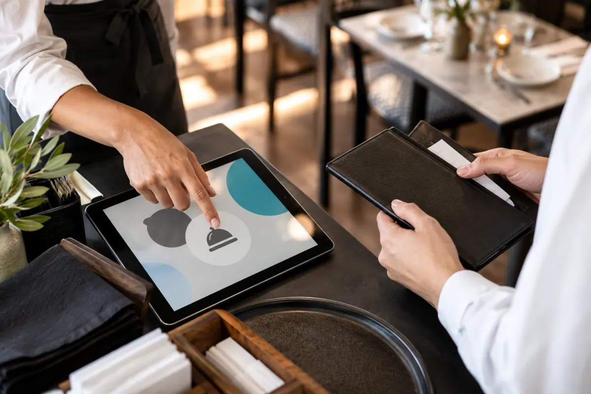 Personal coordina una solicitud de servicio con una tableta y una carpeta de cuenta.