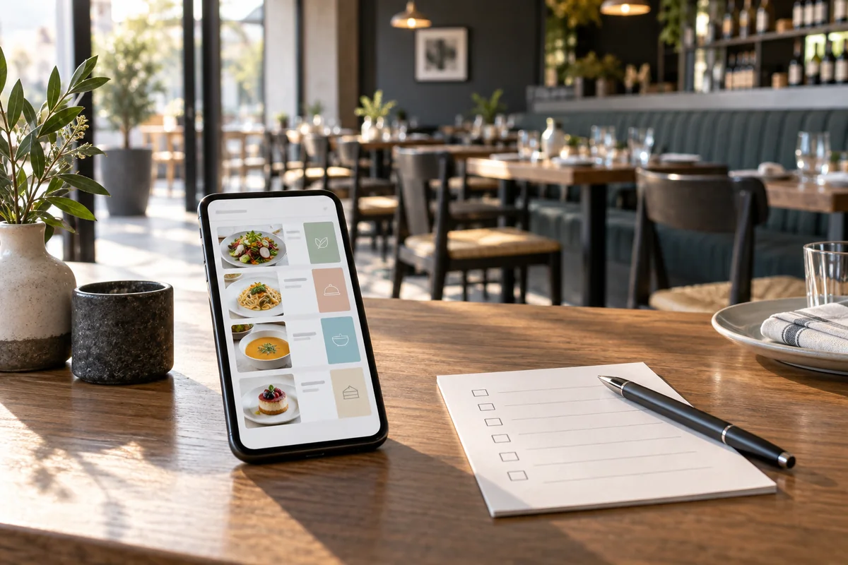 Menú digital en un teléfono junto a una lista de verificación antes de abrir el restaurante.