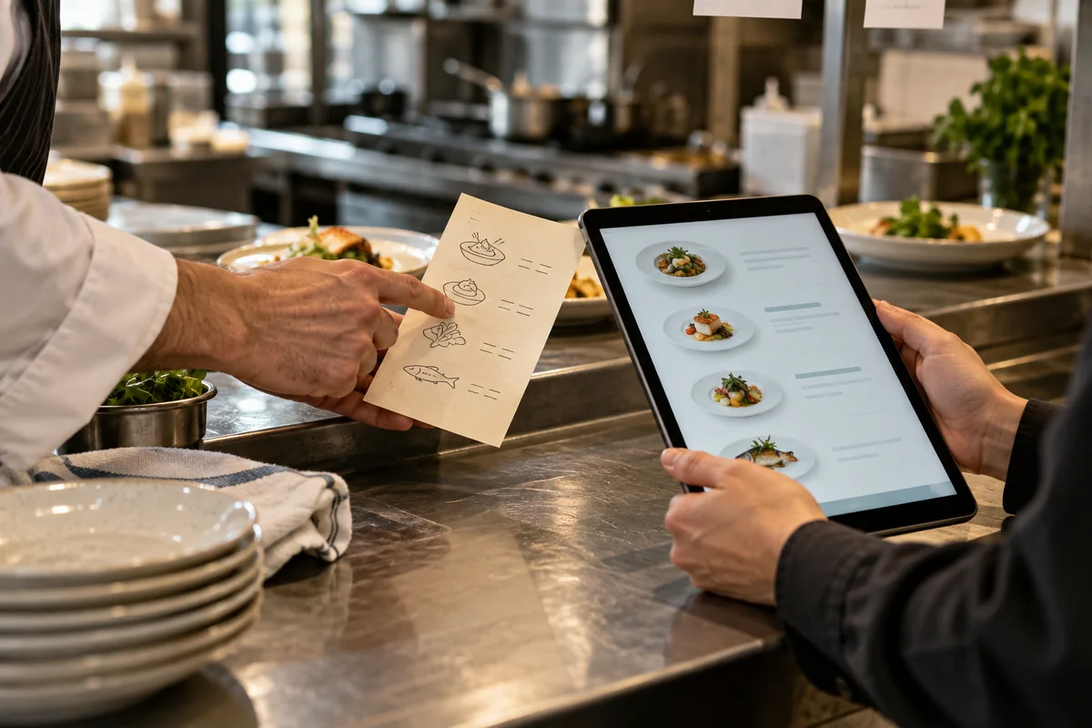 Integrantes de cocina y sala revisan una nota de cambios frente a un menú digital.