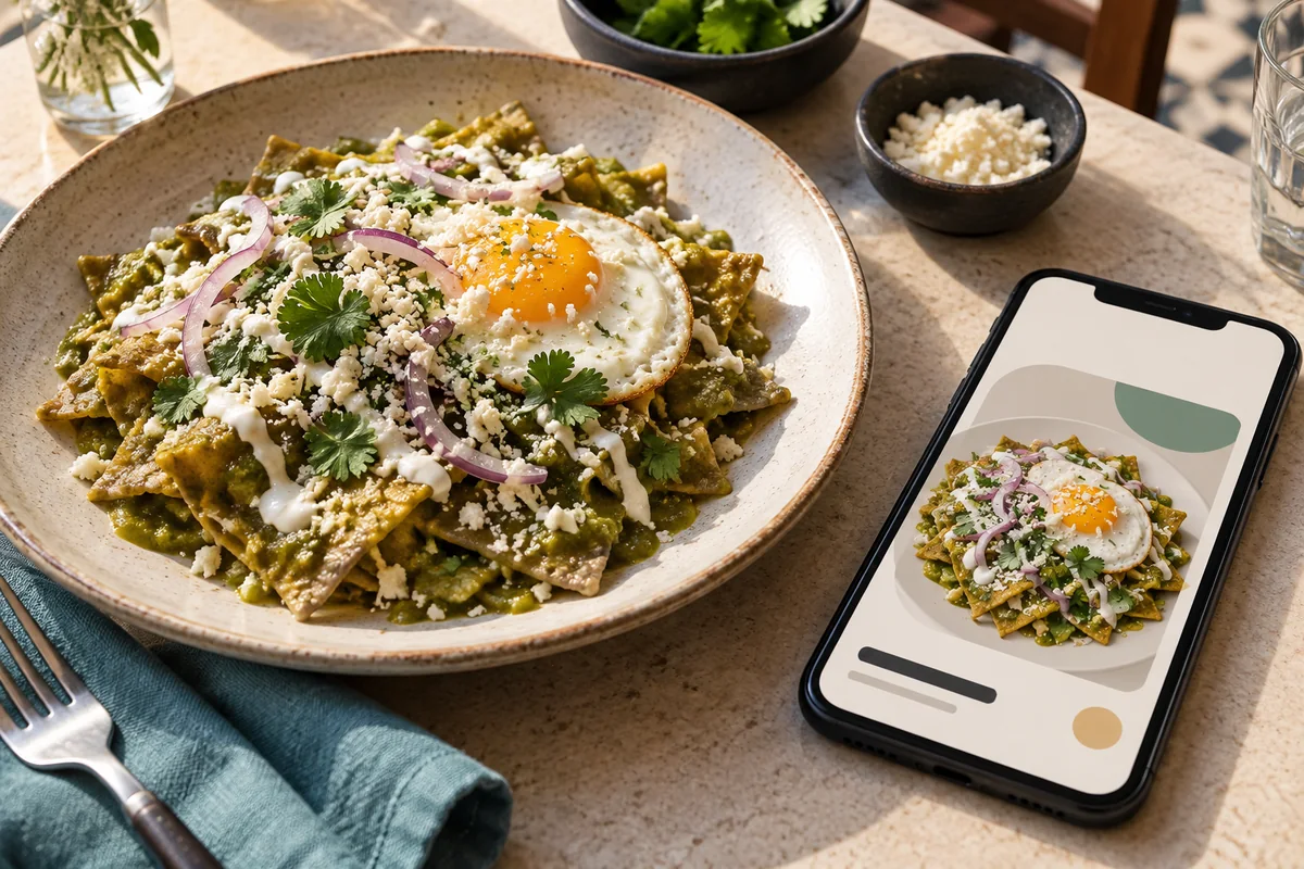 Plato de chilaquiles junto a su tarjeta ilustrada en un teléfono.