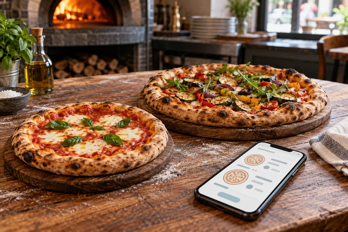 Dos pizzas de distinto tamaño junto a una carta digital en un teléfono.