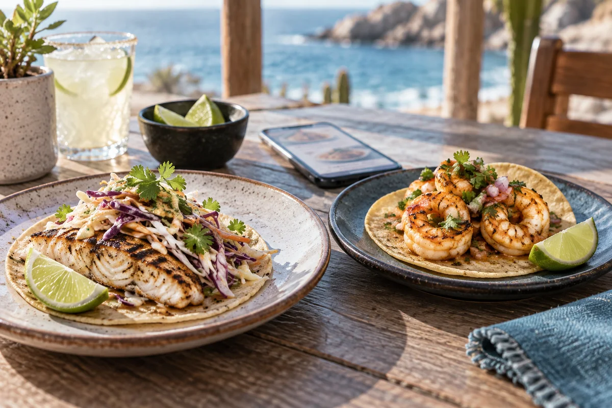 Taco de pescado y taco de camarón servidos en platos distintos.
