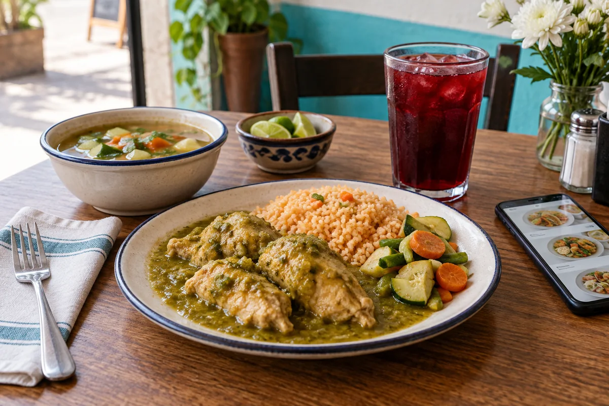 Sopa, pollo en salsa verde, arroz y agua de jamaica en una mesa de fonda.