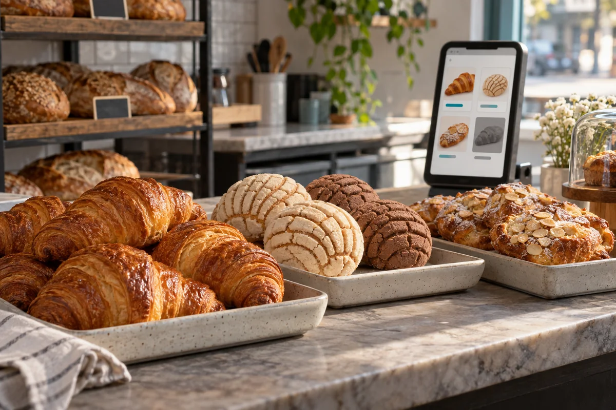 Croissants, conchas y panes de almendra en una panadería junto a una carta digital.