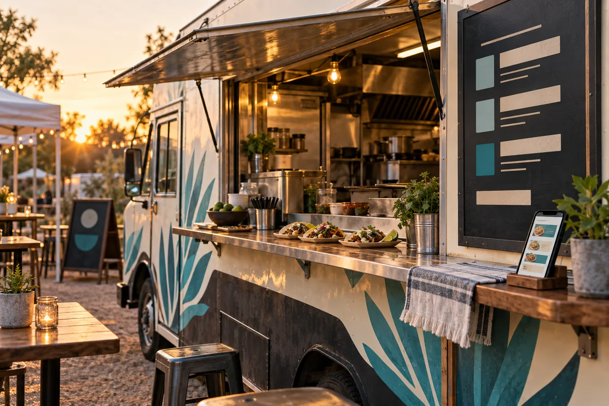 Food truck con tacos en el mostrador, una carta breve y un menú en un teléfono.